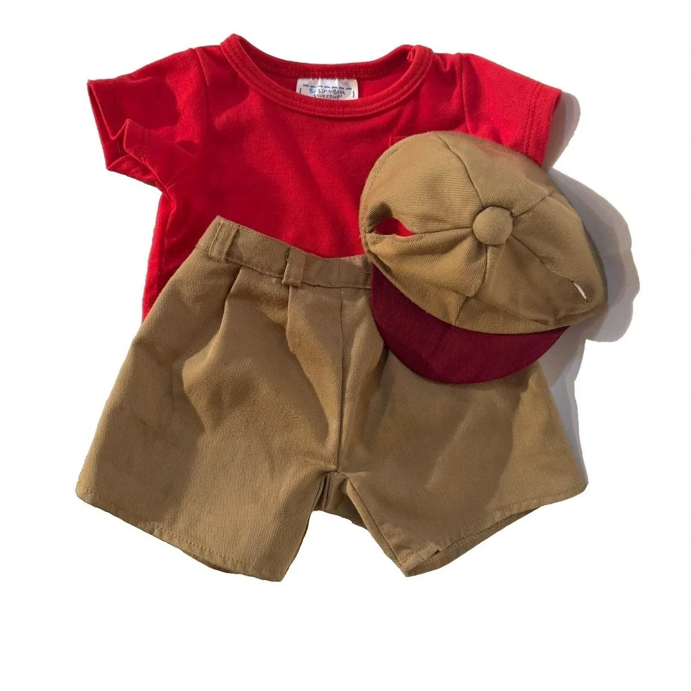 Build A Bear outfit khaki‎ shorts Red Tee matching cap 3pc set classic